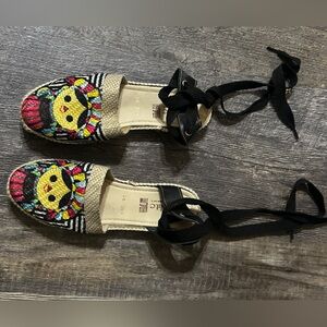 Espadrille Tie-Up Flats with Colorful Embroidery